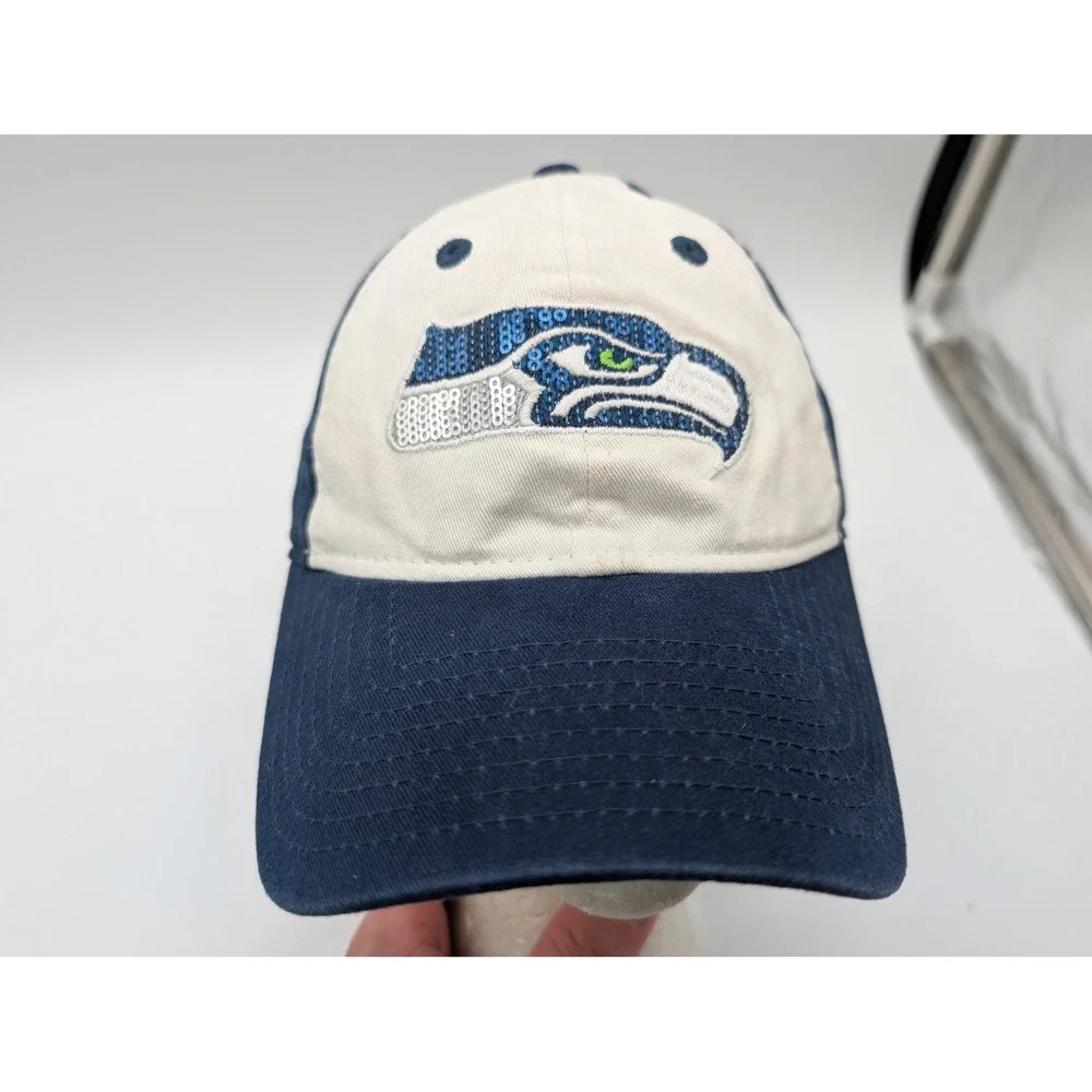 New Era 9FORTY Seattle Seahawks Womens Hat Navy White Sequined Logo Adjustable